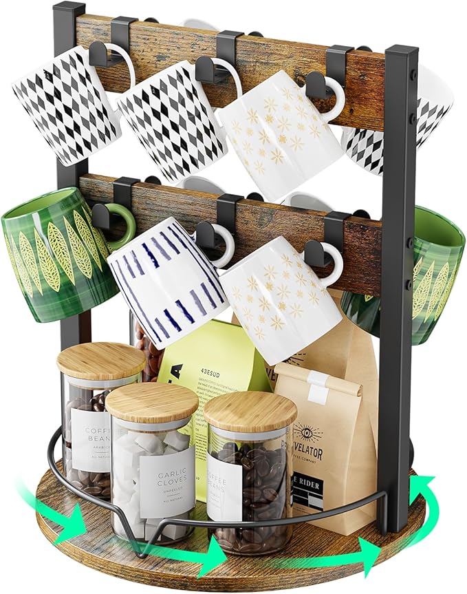 KLM Wood Coffee Mug Holder,12 Hook Mug Tree Holder Rack with Storage Base,Mug Display Organizer,Mug Holders for Home Kitchen,Support 360° rotation for easy access