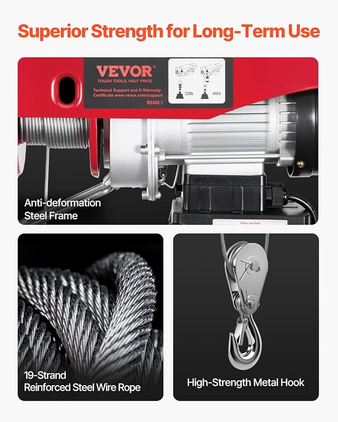 VEVOR Electric Hoist with Wireless Remote Control, 110v 440lbs Electric Hoist with Remote Control, 40ft/20ft Lifting Height Motor, for Garage Warehouse Factory