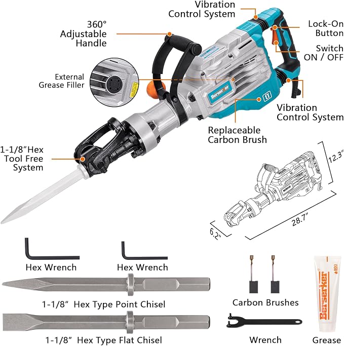Berserker 1700W 40-Pound Demolition Jack Hammer 127FD with 1-1/8" Hex,14Amp | Heavy duty Corded Electric Concrete/Pavement Breaker with Vibration Control, Trigger Lock, Wheeled Carrying Case & 2 Chisels