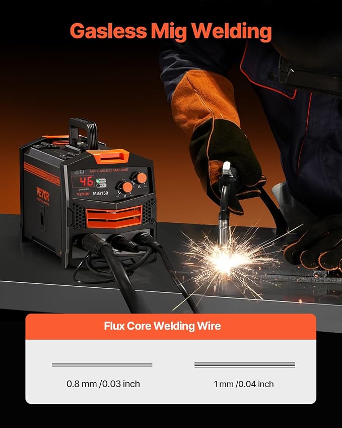 VEVOR MIG Welder, 130Amp Synergic Mig Welding Machine, 110V Gasless Flux Core Welder Machine, Portable Mig Welder with IGBT Inverter Technology and Digital Display Screen