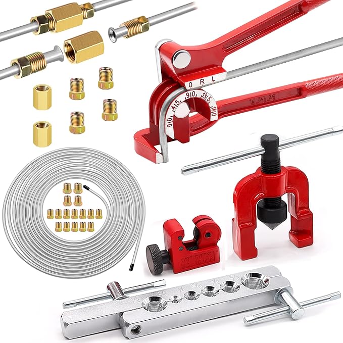 Tnisesm 3/16Inch Brake Line kit Include Zinc-Plated Brake Lines with Fitting (16Pcs Fittings,2Pcs Unions+4Pcs Nut) Brake line Bender Single Flare Tool,Cutter 3/16Inch Brake line kit