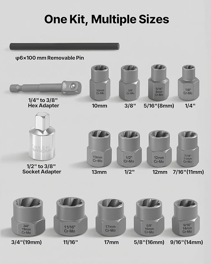 VEVOR Bolt Extractor Kit, 16 Pieces Impact Bolt & Nut Remover Set with Adapters and Pin Punch, Solid Storage Case, Cr-Mo Steel for Removing Damaged, Rusted, Stripped, Rounded Bolts, Nuts and Screws