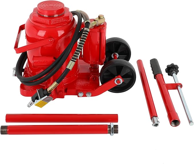 Air Hydraulic Bottle Jack 50 Ton (11 0231 LBS) Pneumatic Bottle Jack Lift Range 27-43cm Air Transmission Jack with Pneumatic & Manual Hand Pump, for Pickup, Truck, RV, Auto Repair, Red