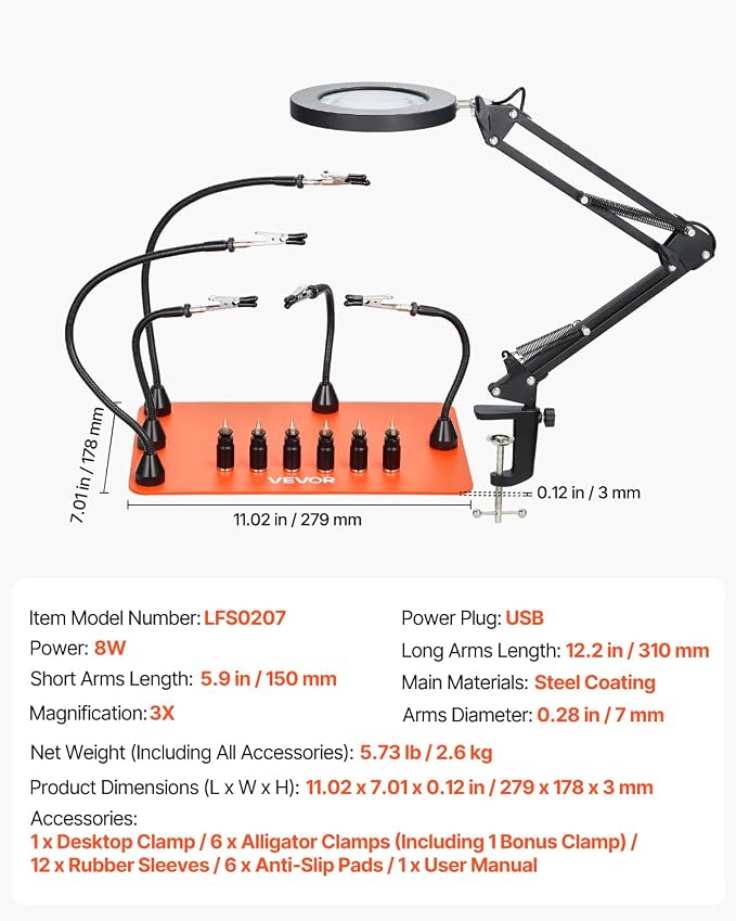VEVOR Magnetic Helping Hands Soldering Station, 2-In-1 Third Hand Soldering Tool - 3X LED Magnifying Lamp & 5 Flexible Arms, 6 PCB Holders, Heavy-Duty Base Station for Electronic Repair Craft Hobby