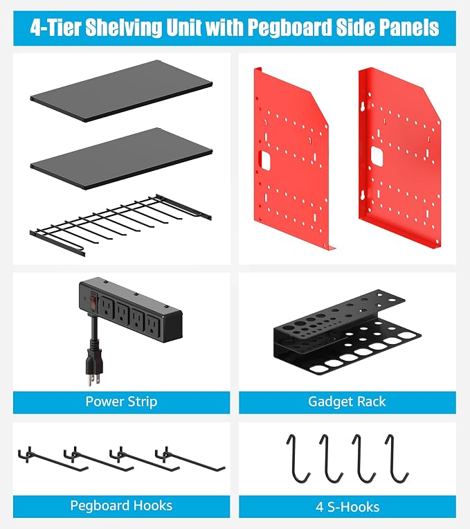 CCCEI Modular Power Tool Organizer Wall Mount with Charging, Red, 1 Pack | Drill & Battery Storage Rack with Peg Hooks, Garage Workshop, Gifts for Men, Husband, Anniversary, Birthday