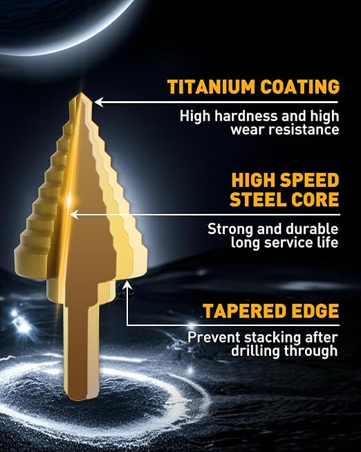 COMOWARE 10-Size Step Drill Bit for Metal, 1/4” to 1-3/8" Titanium HSS Unibit. Double Flute Design for Precise Holes in Steel, Aluminum, Plastic & Wood. Tri-Flatted Shank for Secure Grip in Drills.