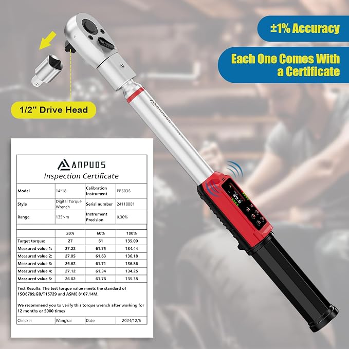 ANPUDS Adjustable Digital Torque Wrench, 1.5-99.6 Ft.lb, ±1% Accuracy | 2-135Nm, 45mm Jaw & 1/2" Ratchet, 14×18mm Open End, Vibration, Buzzer, LED Indicator for HVAC, Split AC, Motorcycle, Plumbing