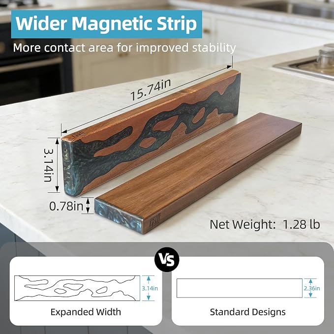FINDKING Magnetic Knife Strip for Wall, Solid Acacia Wood with Mineral Blue Resin Inlay, Wall-Mounted Knife Holder with Strong Magnetic Hold, No-Drill Adhesive Mount (16 Inch)