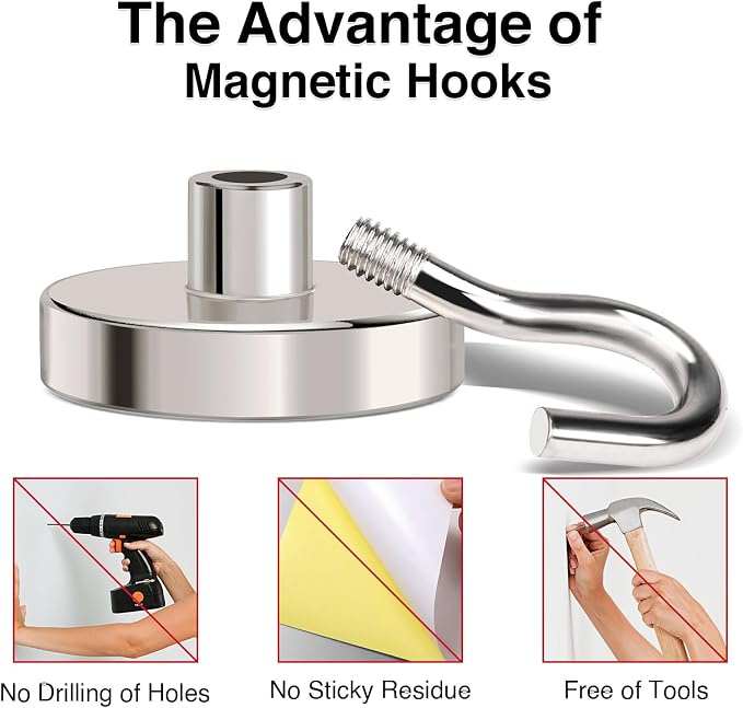 MIKEDE Magnetic Hooks Heavy Duty 120LB+ Strong Magnet with Hook | Super Neodymium Cruise Hooks Locker Organizer Industrial Hooks for Hanging Magnetic Hanger for Cruise Grill 8 Pack