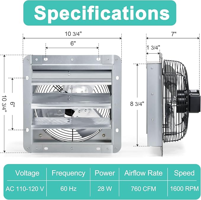 7 Inch Shutter Exhaust Fan, Wall Mount Attic Fan with Thermostat and Speed Controller for Greenhouses, Sheds, Garages, Chicken Coops, Barns Ventilation, 760 CFM