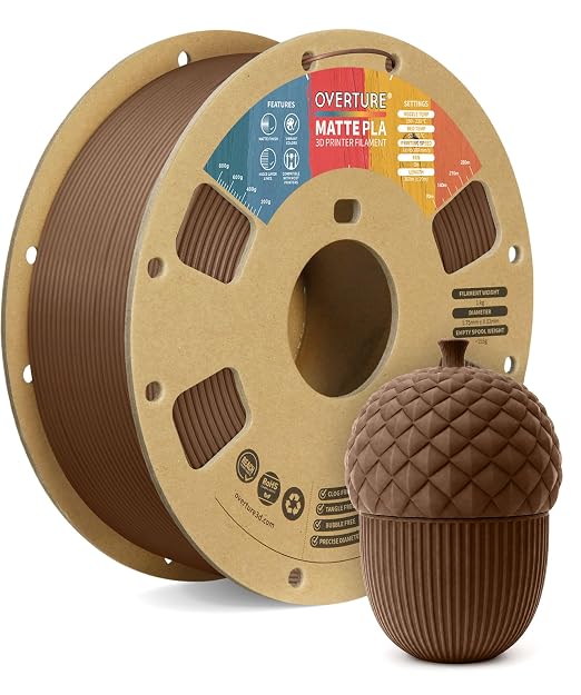 OVERTURE Matte PLA 1.75mm, Low Warp & Smooth Finish 3D Printer Filament | Frosted Matt Finish Hides Layer Lines, 1kg Spool (2.2lbs) Cardboard Spool, Fit Most FDM Printer (Matte Chocolate)