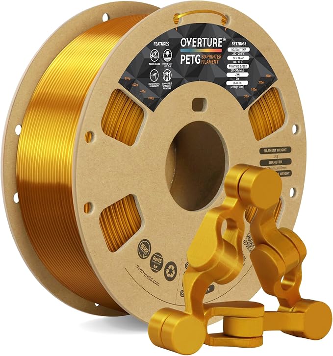 OVERTURE PETG Filament 1.75mm, High Speed 3D Printer Filament, Neatly Wound & Clog-Free, 1kg Spool (2.2lbs) Rapid PETG, Dimensional Accuracy +/- 0.02mm, Fit Most FDM Printers (Gold)