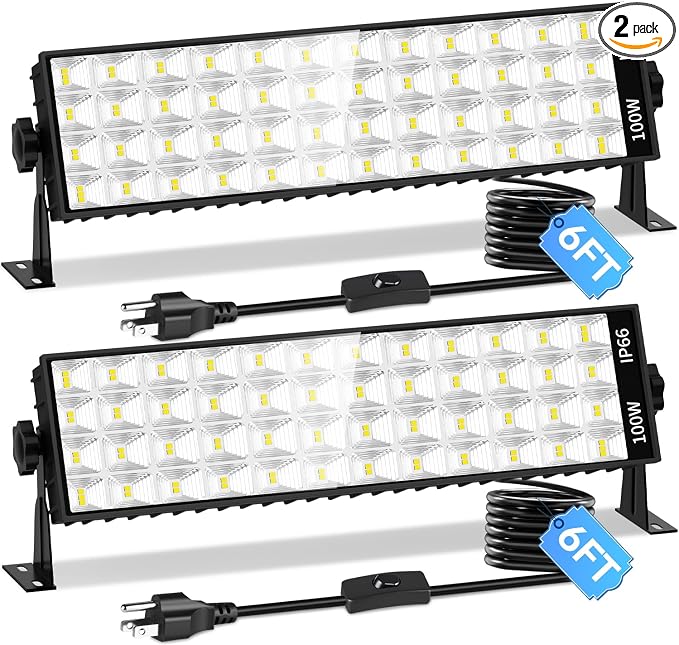 2 Pack LED Shop Light, 100W 11000LM Ultra Brighter, Plug in Garage Light with On/Off Switch + 6FT Cord, 6000K IP66 Waterproof Bay Lighting for Garage Workshop Workbench Warehouse Factory Yard Outdoor