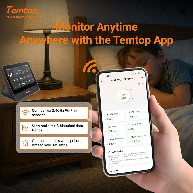 Temtop WiFi Air Quality Monitor M100 2nd Gen, 7 Inch Touchscreen CO2 Detector & Air Quality Tester for PM2.5 PM10 TVOC Temperature Humidity, Air Analyzer for Home Office with LoRa Extension