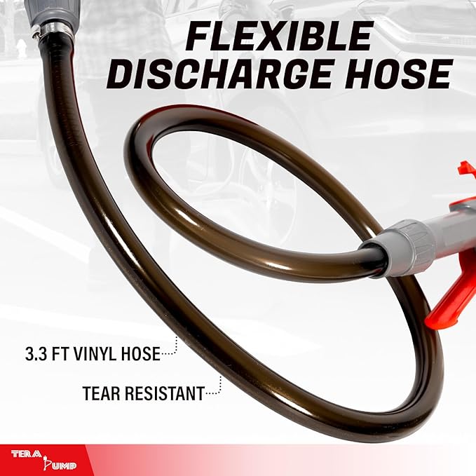 TERA PUMP Fuel Transfer Pump w/Quick Flow Control Nozzle | 3X Powerful D Battery Powered, 39" Upgraded Vinyl Discharge Hose, Multipurpose Portable For Gas, Diesel, Water, 2.8 GPM