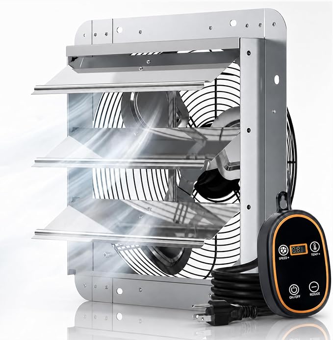 Amico 18 Inch Smart Exhaust Fan with Thermostat, 8-Speed Controller, 2688 CFM (Up to 3800 Sq.Ft), 60W EC Motor Wall Mount Shutter Fan for Barn/Garage/Greenhouse, Plug & Play Vent Fan, FCC