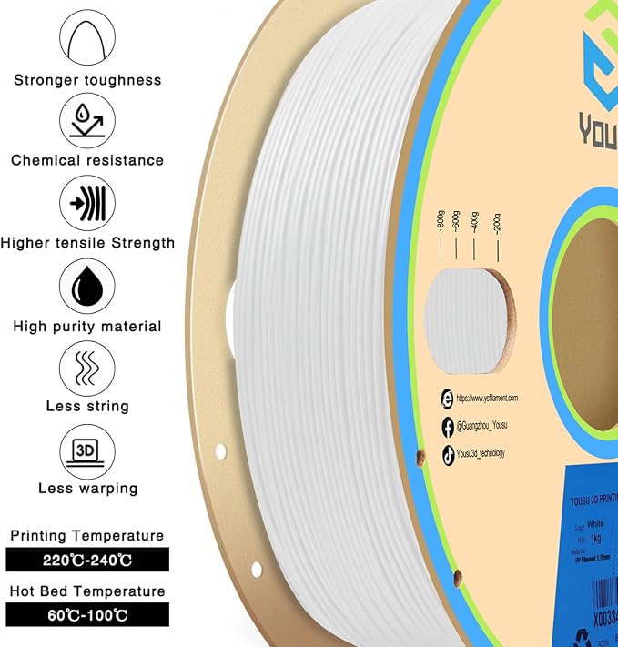 YOUSU Polypropylene PP Filament, 1.75mm 3D Printer Filament for FDM 3D Printers, 1kg (2.2lbs) 5 Pcs Build Sheet Included, Semi-Flexible Ultra Tough Filament, White