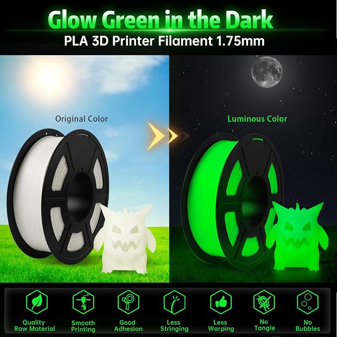 SUNLU Glow in The Dark PLA Filament, Neatly Wound Luminous PLA 3D Printer Filament 1.75mm Dimensional Accuracy +/- 0.02mm, Fit Most FDM 3D Printers, 1kg Spool (2.2lbs), (White PLA, Glow Green)