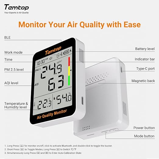 Temtop Smart Air Quality Monitor with Indoor Thermometer & Thermo-Hygrometer – PM2.5, AQI, Temperature and Humidity Detector for Home, Office, Nursery, School, App Connectivity, 60-Day Battery Life