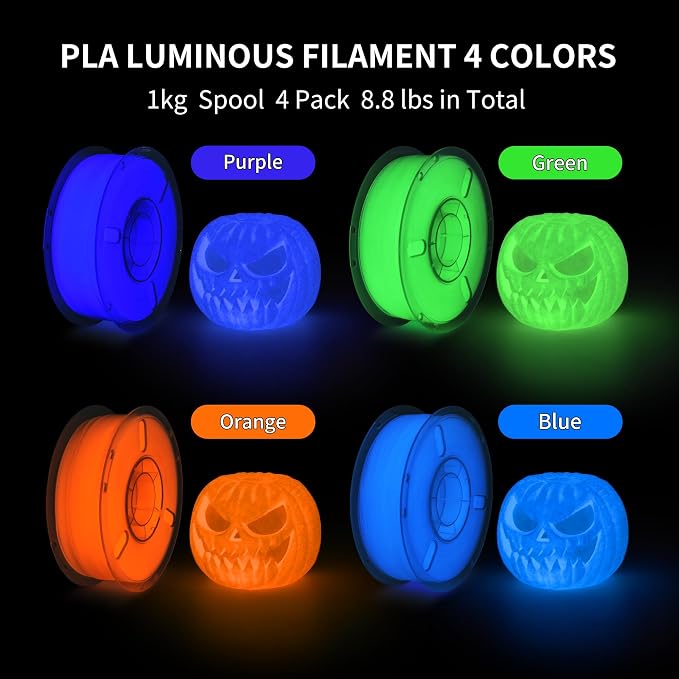 RAMBERY Glow in The Dark 3D Printer Filament Bundle Multicolour Blue Green Purple Orange PLA Filament 1.75mm Luminous 3D Printing Filament, 1kgX 4 Spools (8.81 lbs)