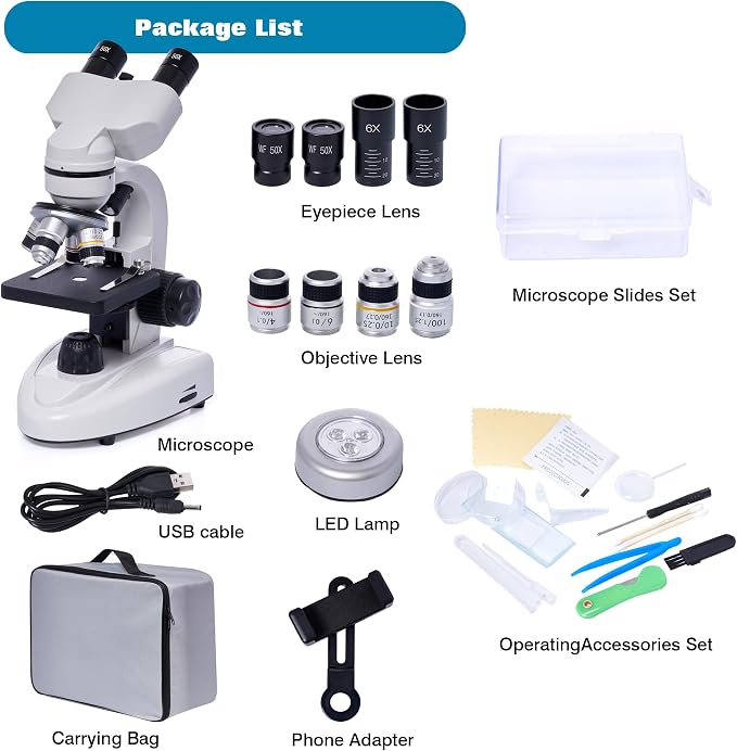 SELFIE CAT 200X-5000X Binocular Compound Microscope for Adults & Students | Wide-field optics, 4 achromatic objectives, mechanical stage, coaxial focus and phone adapter for school, home and lab use.
