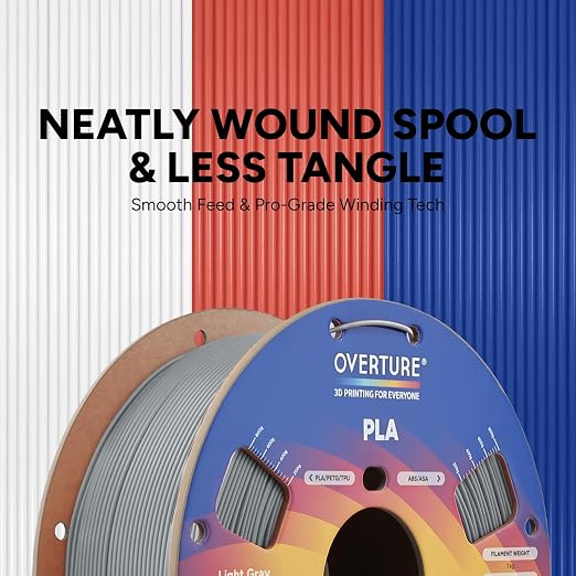 OVERTURE PLA Filament 1.75mm, Neatly Wound 3D Printer Filament 1kg Spool (2.2lbs), Dimensional Accuracy +/- 0.02 mm, Fit Most FDM 3D Printers (Light Grey)