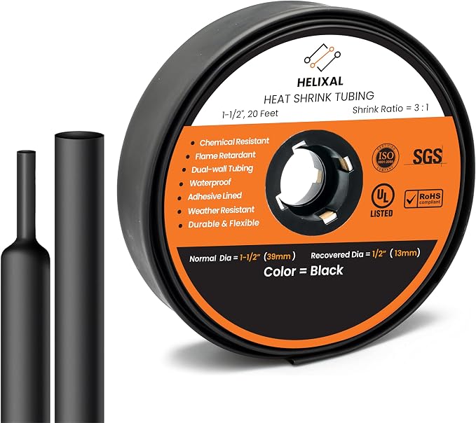 1.5" Heat Shrink tubing, 3:1 Ratio Wire Heat Shrink Tubing Industrial and Marine Grade, Dual Wall Adhesive Lined Wire Shrink Wrap Tubing, Waterproof Heat Shrink Tube - Black, 20 Feet Roll