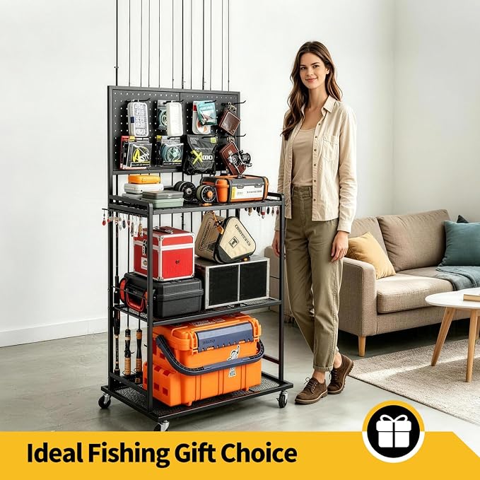 SOYEEZE Large Size Fishing Rod Holders for Garage, 3-Tier Fishing Pole Rack with Pegboard and Hooks, Fishing Gear Tackle Box Organizer Up to 12 Rods, Rolling Fishing Storage Cart with Lockable Wheels