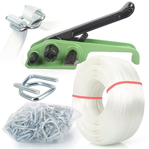 Heavy Duty Hand Pallet Strapping Banding Kit - 3/4" x 320' Woven Cord Strapping, 2000 lbs Break Strength, Polyester Cord Strapping Tensioner, 50pcs Reusable Buckles, Strapping Kit for Packing