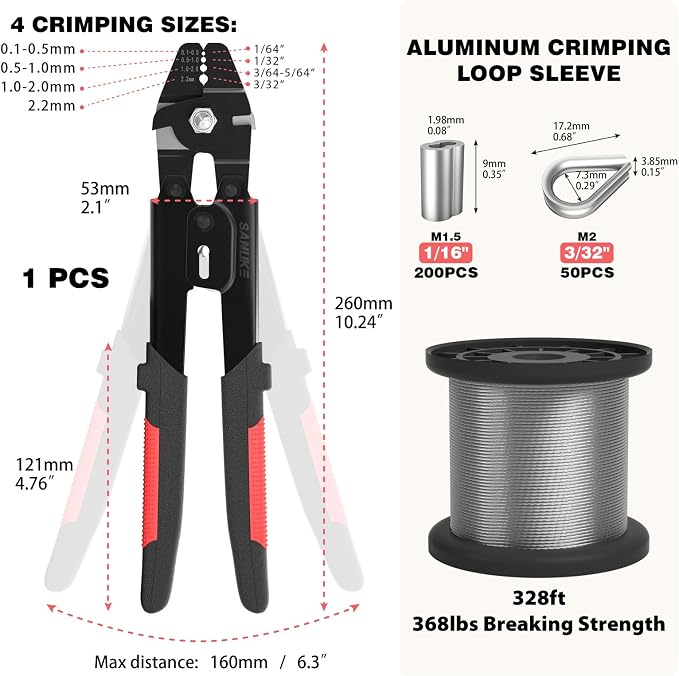 Sanuke Wire Rope Crimping Tool Kit with 328ft 1/16" Stainless Steel Cable, Aluminum Crimp Loop Sleeves and Wire Rope Stainless Steel Thimble From 1/64-inch to 1/8-inch