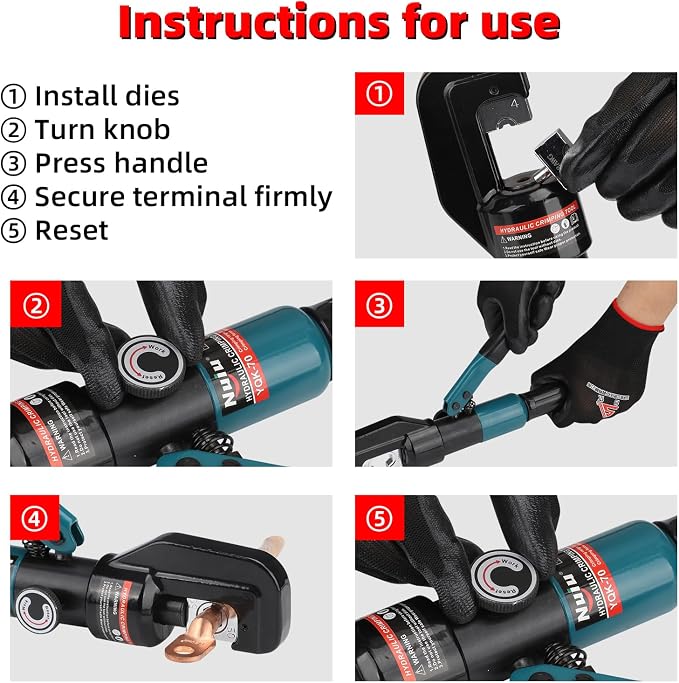 YQK-70 Hydraulic Crimper 6T, Wire Crimper Tool for Battery Cable Terminals 4-70mm² (12 AWG to 2/0 AWG) with 8PCS Hex Dies, 10mm Stroke, 180° Swivel Head - Professional Electrician Crimper (Blue)