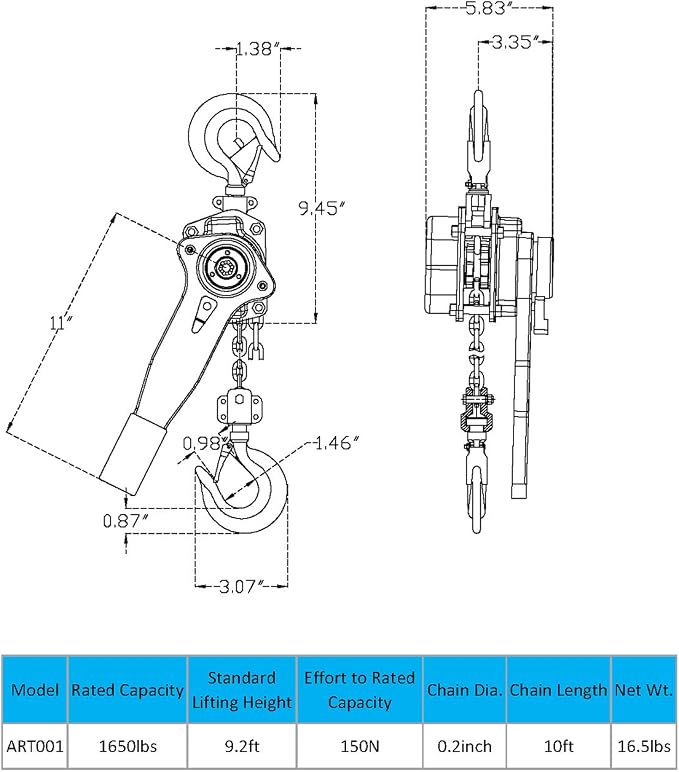 Lever Chain Hoist - 3/4 Ton Capacity - G80 Grade Chain 10ft Lifting- Safety Factor 4+ - CE Certified - Ideal for Lifting, Strapping, Bundling and Dragging- Smooth Action