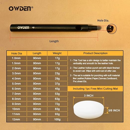OWDEN Professional 13 Pcs Leather Hole Punch Set (Slim Style) 1.0-12MM for Belt,Watch Band and Strap Gasket. with a Free 3" Nylon mat.