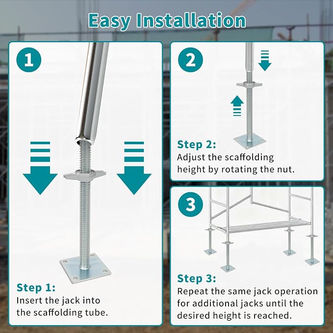 18" Adjustable Scaffolding Leaveling Jack, Galvanized Steel Soild Screw Jack with Base Plate, 4 Pack