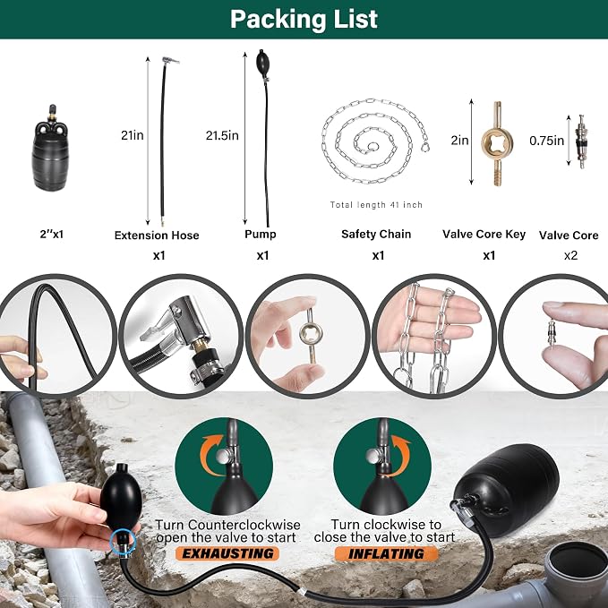 2 Inch Inflatable Pipe Plug Balloon Kit with Extension Hose,Safety Chain & Pump, Rubber Sewer Test Ball for Drain Blocking, Plumbing Pressure Testing/Leak Detection(Fits 1.8"-2.2" Pipes)