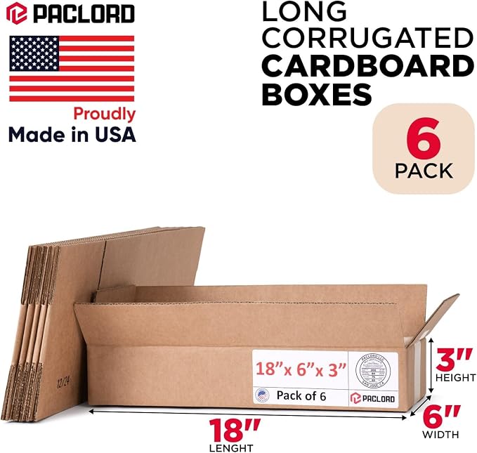 Flat Cardboard Boxes 18"L x 6"W x 3"H (Pack of 6) - USA-Made Packing Boxes for Moving, Shipping, or Storage - USPS, UPS, FedEx Approved - Professional Packing Supplies for Moving | USA-Made Packing Boxes for Moving, Shipping, or Storage - USPS, UPS, Fe...