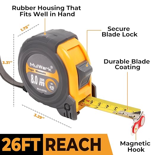MulWark 25ft Metric Tape Measure, Measuring Tape Retractable, Easy Read Measurement Tape Both-Side Metal Blade, Magnetic Hook & Shockproof Case for Construction, Carpenter, Architect, Woodworking