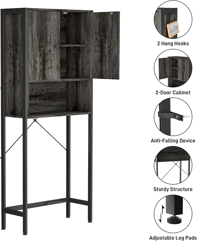 Ecoprsio Over-The-Toilet Storage Cabinet Rack, Bathroom Organizer Shelf Over Toilet, Freestanding Space Saver Toilet Stands with 2 Hooks, Gray Brown