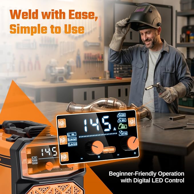 This Hill 145A 3-in-1 Welder, 110V Portable MIG/Lift TIG/Stick Welding Machine, Gasless Flux Core Welder with Large Digital Display, IGBT Inverter, Lightweight 11.6lbs for DIY & Metal Repair