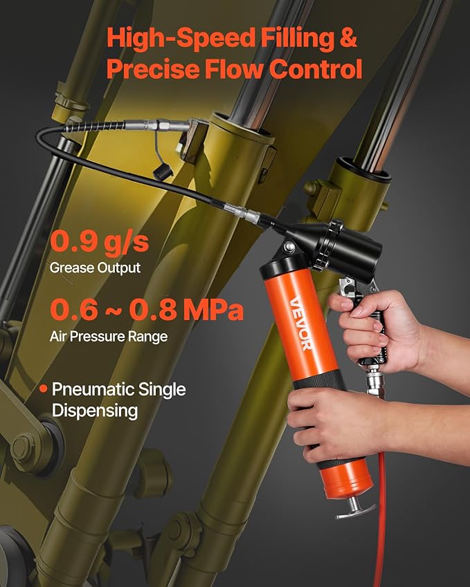 VEVOR Grease Gun, Continuous Cycle Heavy Duty 6000 PSI High Pressure, Pistol Grip Grease Gun Kit with 14 oz Capacity, Includes 18-Inch Flex Hose, 1 Extension Rigid Pipe, 2 Flat Nozzles for Automotive