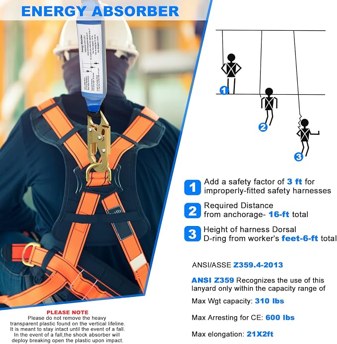 25FT Vertical Lifeline Assembly，Fall Protection Rope with Two Rope Grab Snap Hooks, Shock Absorber，Safety Climbing Equipment Roofing Safety Kit, CE ANSI