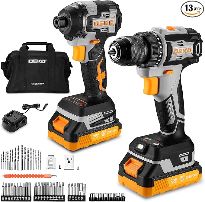 Cordless Drill & Impact Driver: DEKOPRO 20V Brushless Power Drill and 20V Brushless Impact Driver Set, Power Tool Set with 2x2.0Ah Batteries, Charger, Bag & 52xAccessories-Yellow