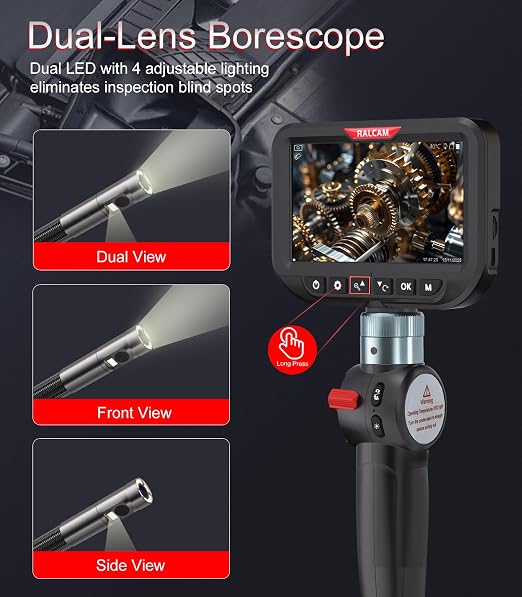 Ralcam Dual Lens Articulating Borescope, 6.5mm Slim Probe, 5" Endoscope Camera with Light, 5FT Semi-Rigid Cable, Two-Way Articulated Inspection Camera for Automotive Wall Pipe