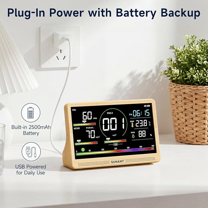 16-in-1 Air Quality Monitor Indoor, 7' Smart Large Display 9 AQI+7 Alarm Alerts, Real Time CO2, Formaldehyde, TVOC, PM2.5, PM10, Temperature & Humidity Portable Battery Powered Tester for Home, Office