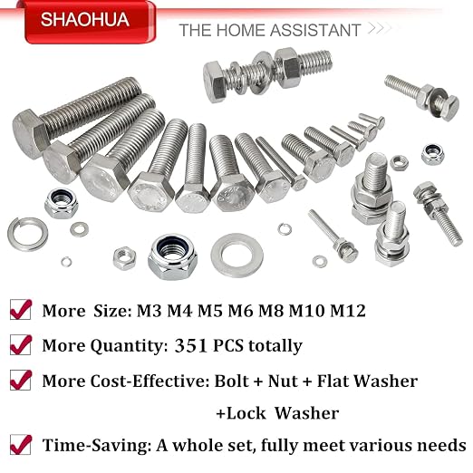 M3/M4/M5/M6/M8/M10/M12 Metric Bolt Assortment Kit, 304 Stainless Steel Heavy Duty Flat Hex Head Screws Bolts and Nuts Kit, Nuts Flat Gasket and Lock Washers Assortment Ki, Silver, 351Pcs
