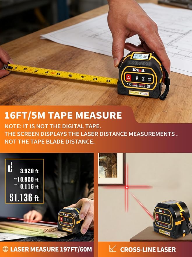 Laser Tape Measure 4-in-1 Tape Measure with Laser 196Ft/16Ft Fractional | Laser Measuring Tool with Backlit LCD, Magnetic Hook & Base - Area/Volume, for Woodworking & DIY