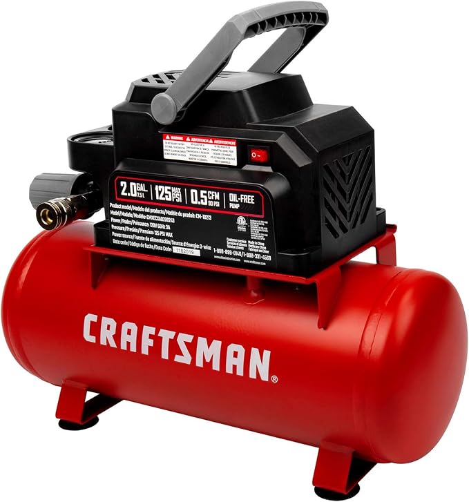 Craftsman Air Tools, 2 Gallon Portable Air Compressor 1/3 HP Oil-Free Max 125 PSI Pressure, Hot Dog, Model: CMXECXA0200243