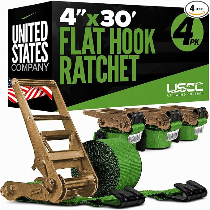 US Cargo Control Flat Hook Ratchet Straps 4” x 30’ (4-Pack), 5,400 LBS Working Load Limit, Green 4 Inch Ratchet Straps with Black Flat Hooks, Professional 4 Inch Straps for Flatbed Trailers
