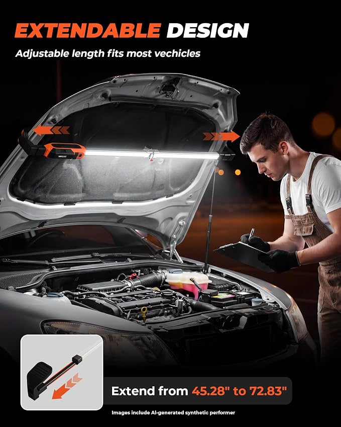 Underhood Work Light Bar, 180°Foldable Mechanic Light & 360°Rotatable Kickstand, Extendable 45.28"-72.83", 1800LM Rechargeable LED Work Light, 2-in-1 Charging Modes Engine Bay Light for Car Repair