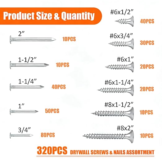 Dianrui Nails & Wood Screws Assortment Kit, 320 PCS #6#8 Philips Drywall Screws Set and High Hardness Hardware Small Nails for Picture Hanging/DIY Repair Project Length 1/2" to 2"